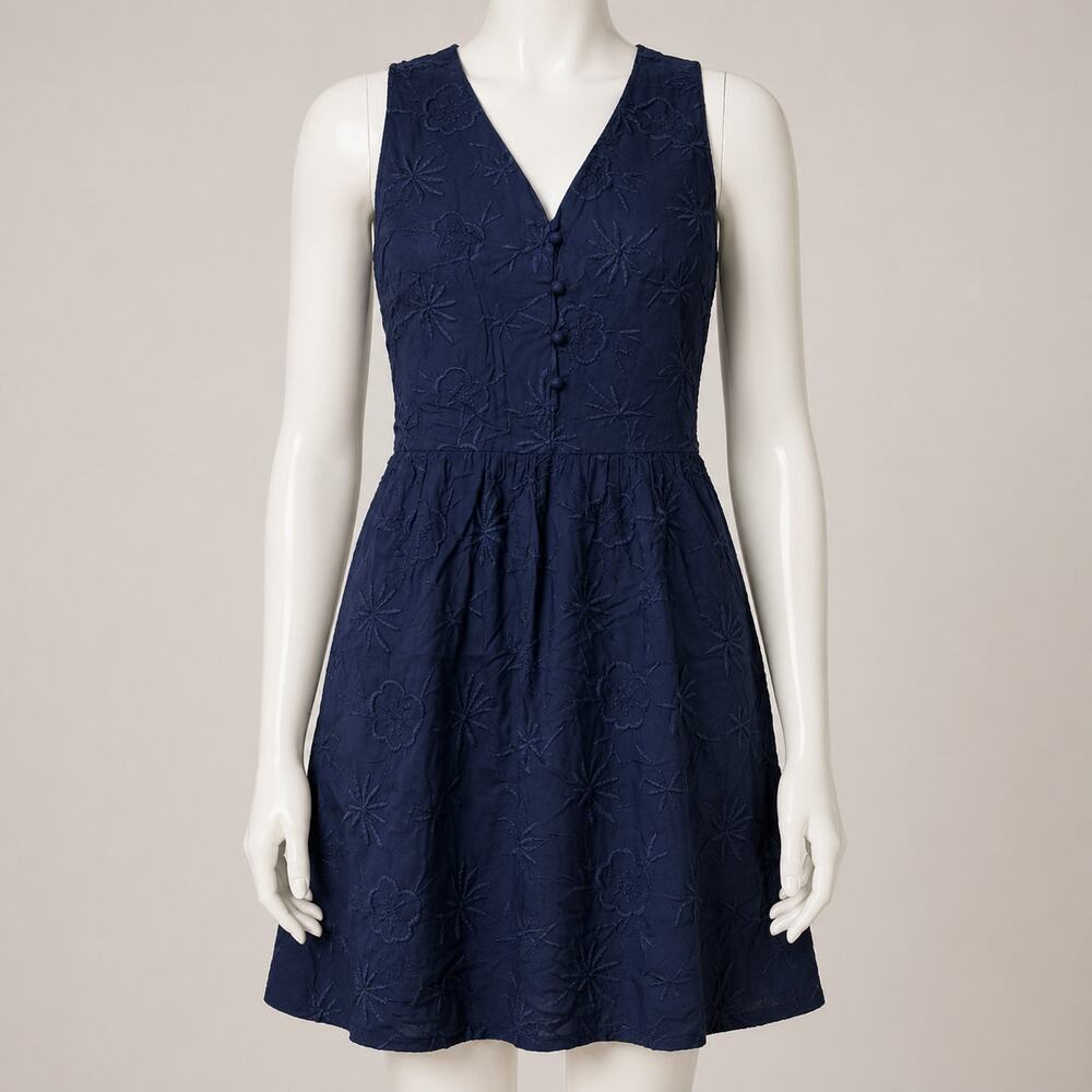 Ann Taylor LOFT Navy Embroidered Sleeveless, Pocketed, Dress Size 6 Fit Flare